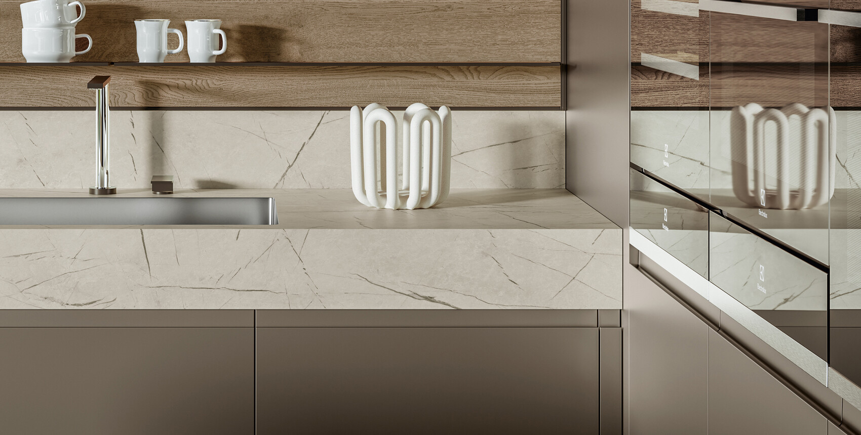 Cucina Wega con top a forte spessore in stratificato HPL bianco delta, che simula alla perfezione un raffinato effetto venato