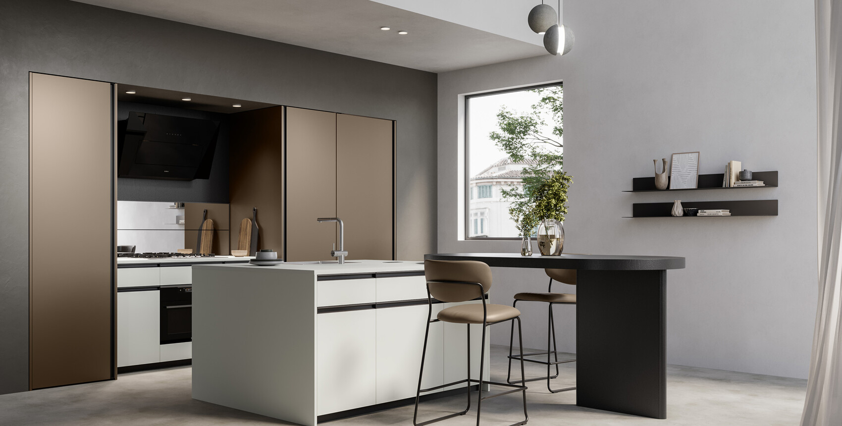 Cucina Kalì interamente in PET riciclato, finitura Panama per le basi in linea e a isola, finitura ottone dark per le colonne