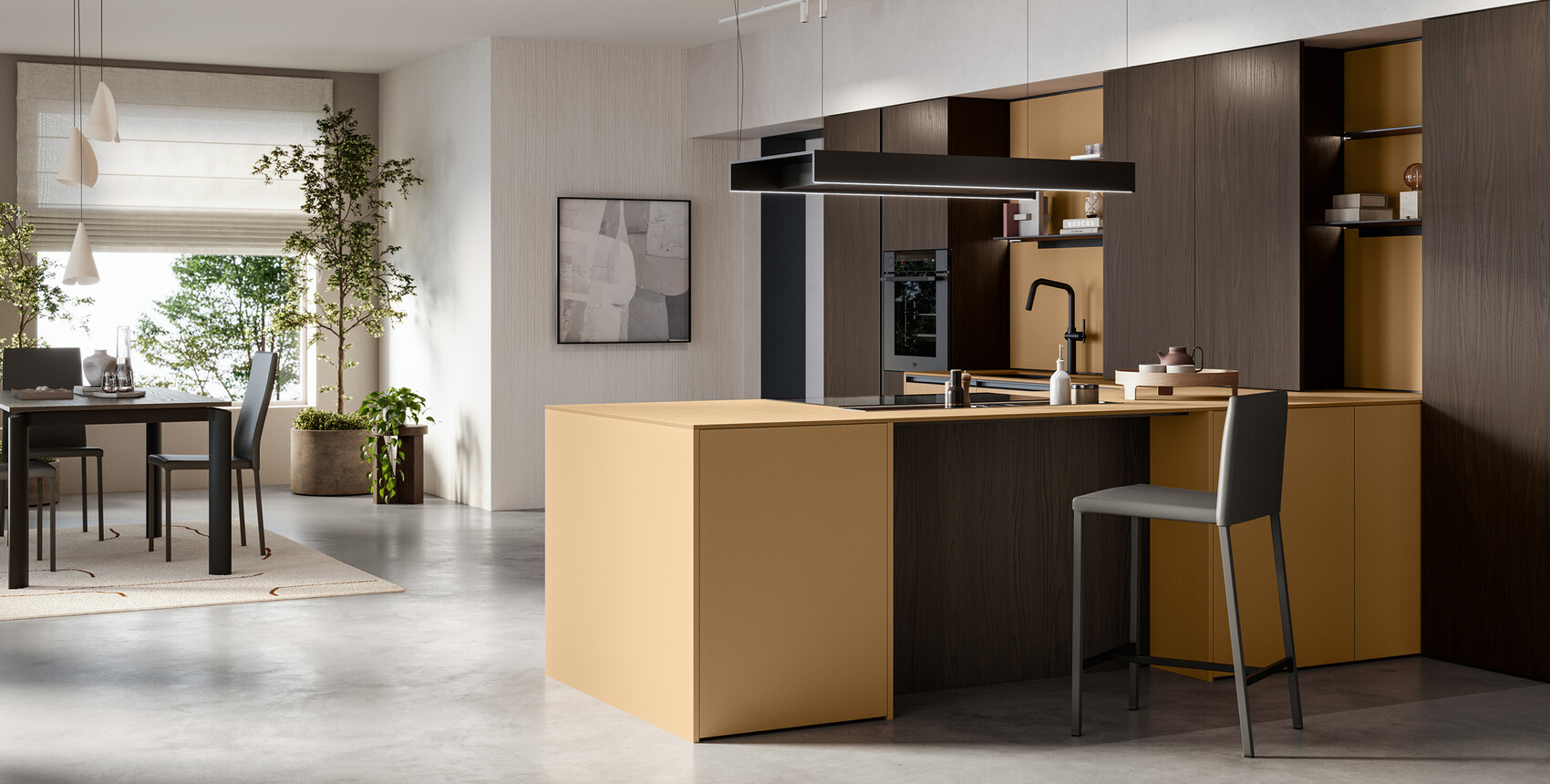 Cucina Kalì effetto tono su tono per l’abbinamento fra le nuance in PET riciclato Canyon e il top in Sapienstone® Balance Ochre