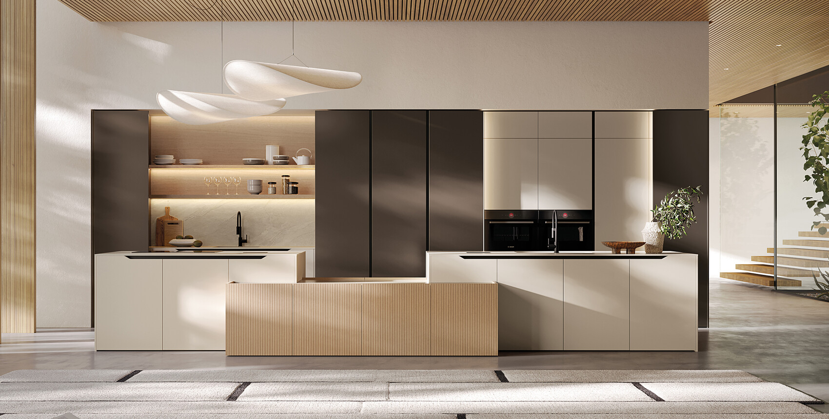 Cucina a doppia isola Arredo3 con prese sull’anta Sinua per l’apertura, orizzontali sulle basi, verticali sulle colonne